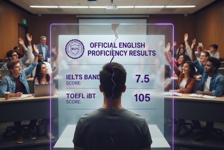 A person with their back to the viewer looks through a fractured digital display panel at a classroom of diverse, engaged students with raised hands. The panel glows purple and clearly shows "OFFICIAL ENGLISH PROFICIENCY RESULTS," including "IELTS BAND SCORE: 7.5" and "TOEFL iBT SCORE: 105."